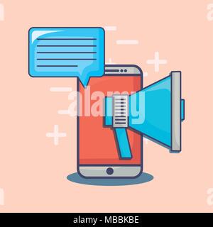 Smartphone mit E-Mail Marketing ähnliche Symbole auf rosa Hintergrund, Vector Illustration Stock Vektor