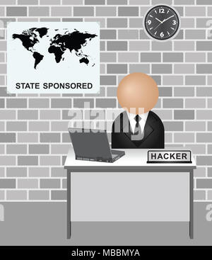 Darstellung der staatlich geförderte Hacking mit gesichtslosen Hacker am Werk, die Verbreitung von Desinformation und Propaganda gegen andere Nationen Stockfoto