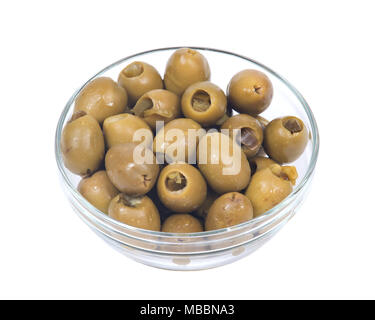 Grüne kolossale Oliven Hand gefüllt mit Jalapeno peppers Stockfoto