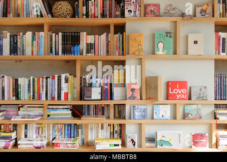 PAJU, KOREA - November 24, 2009: Bookself an einer Wand in einem bookcafe in Heyri Artvillage entfernt Stockfoto