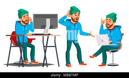Business Mann Charakter Vektor. Arbeiten Menschen. Bärtige. Umwelt Prozess Creative Studio. Männlichen Arbeitnehmers. Volle Länge. Designer. Posen, Gesicht Emotionen, Gesten. Cartoon Business Abbildung Stock Vektor