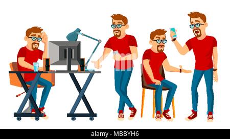 Business Mann Charakter Vektor. Arbeiten junge Menschen. Umwelt Prozess in Start-up Büro, Studio. Männliche Programmierer, Designer. Auf weissem Cartoon Business Charakter Abbildung isoliert Stock Vektor