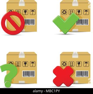 Versand Symbole. Kartons mit Stop und frage Zeichen, falsch und rechts prüfen. Stock Vektor
