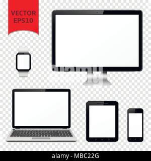 Computer, Monitor, Laptop, Tablet PC, Mobiltelefon und smart Watch auf transparentem Hintergrund isoliert. Vector Illustration. Stock Vektor