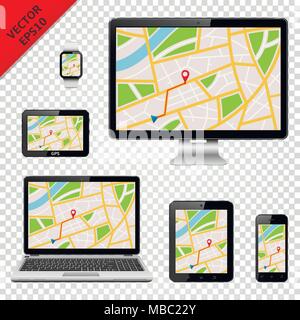 Digitale Geräte mit GPS-Karte auf dem Bildschirm. Auf transparentem Hintergrund isoliert. Stock Vektor