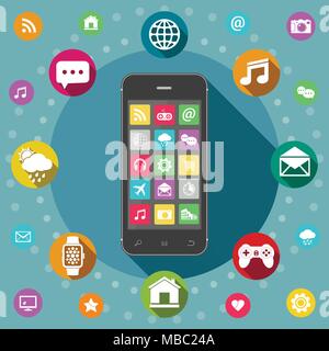 Mobiltelefon mit Symbolen, flaches Design Konzept mit langen Schatten Stock Vektor