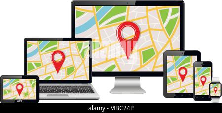 Vektor digitalen Geräte mit GPS-Karte auf dem Bildschirm. Auf weissem Hintergrund. Stock Vektor