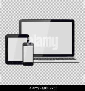 Festlegen von realistischen Laptop, Tablet-PC und Handy mit leerer Bildschirm angezeigt. Auf transparentem Hintergrund isoliert. Stock Vektor