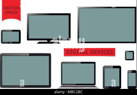 Verschiedene moderne digitale Geräte auf weißem Hintergrund. Vector Illustration EPS 10. Stock Vektor