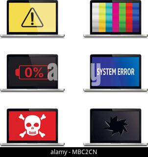 Fehler Anzeichen auf Laptop Bildschirme auf weißem Hintergrund. Notebook Vector Icons. Stock Vektor