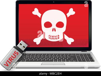 USB-Flash-Laufwerk mit Computer Virus und infizierten Laptop. Vector Illustration Stock Vektor