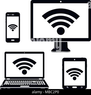 Computer, Display, Laptop, Notebook, Tablet-PC und Smartphone Symbole mit Wlan Internet Verbindung Symbol. Vector Illustration. Stock Vektor