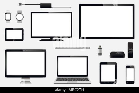 Festlegen von realistischen TV, Computer, Laptops, Tablet-PC, Handy, smart Watch, USB-Laufwerk, TV-Empfänger, GPS-Navigationssystem von Gerät und Stock Vektor