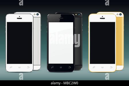 Neue realistische Mobiltelefone Mockups vorne und hinten mit leerer Bildschirm isoliert. Vector Illustration. Stock Vektor