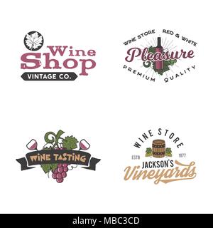 Wein Logos, Etiketten eingestellt. Weingut, Wein Shop, Wein Abzeichen Sammlung. Retro trinken Symbol. Typografische Hand gezeichnet Design Illustration. Vektor Embleme und Patches auf weißem Hintergrund Stock Vektor