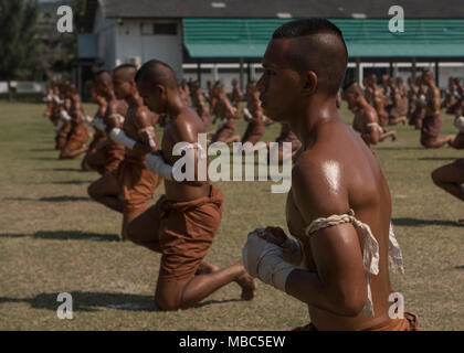 Royal Thai Marine Corps Rekruten Praxis Muay Thai während einer Ausbildung Demonstration 14.02.2018, an die Königlich Thailändische Marine Befehl in der Provinz Chonburi, Thailand. Us Marine Corps Generalleutnant Lawrence Nicholson, Kommandierender General, III Marine Expeditionary Force, besuchte die Königlich Thailändische Marine Befehl, in dem er mit der Königlich Thailändischen Marine Corps Führung besucht und beobachtete training Demonstrationen durch die Königlich Thailändische Marine Corps Rekruten während der Übung Cobra Gold 2018. Die jährliche Übung ist im Königreich Thailand durchgeführt von Feb.13-23 mit sieben voll teilnehmenden Nationen statt. (U.S. Luft für Stockfoto