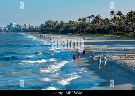 Spaziergang am frühen Morgen am Strand von Florida's Gulf Coast in der Nähe des Naples Pier, Naples, Florida, USA Stockfoto