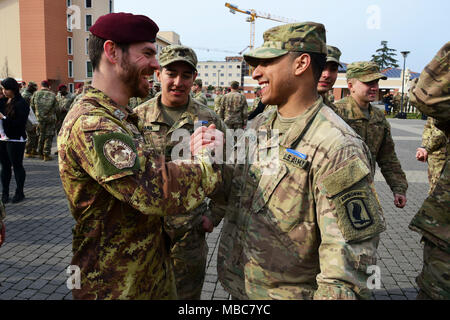 Eine italienische Armee Soldat (links) und ein Fallschirmjäger der US-Armee, die dem zugeordnet ist 173Rd Airborne Brigade (rechts), Verabschieden während der Experte Infanterist Abzeichen (EIB) Zeremonie an Caserma Del Din, Vicenza, Italien, 15. Febr. 2018. (U.S. Armee Stockfoto