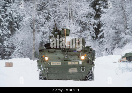 Soldaten zu Bajonett Unternehmen, 1.BATAILLON, 5 Infanterie Regiment, 1 Stryker Brigade Combat Team, 25 Infanterie Division, U.S. Army Alaska zugeordnet, für Live-fire Schießwesen Ausbildung im Betrieb Punchbowl bei Joint Base Elmendorf-Richardson, Alaska, Feb 16, 2018 vorbereiten. Betrieb der Punchbowl war ein Bataillon, kombinierte Waffen, Feuer, die auf Arktis Letalität konzentriert. (U.S. Air Force Stockfoto