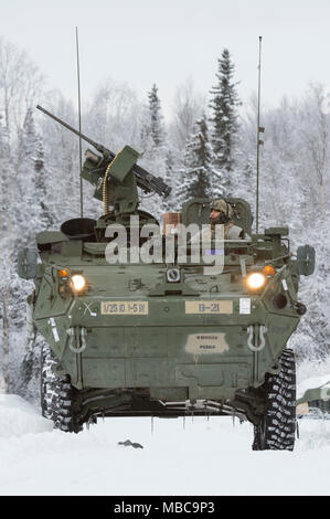 Soldaten zu Bajonett Unternehmen, 1.BATAILLON, 5 Infanterie Regiment, 1 Stryker Brigade Combat Team, 25 Infanterie Division, U.S. Army Alaska zugeordnet, für Live-fire Schießwesen Ausbildung im Betrieb Punchbowl bei Joint Base Elmendorf-Richardson, Alaska, Feb 16, 2018 vorbereiten. Betrieb der Punchbowl war ein Bataillon, kombinierte Waffen, Feuer, die auf Arktis Letalität konzentriert. (U.S. Air Force Stockfoto