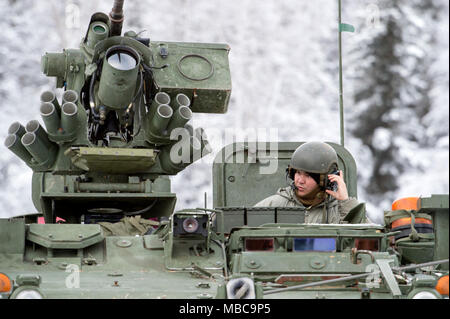 Ein Soldat Bajonett Unternehmen, 1.BATAILLON, 5 Infanterie Regiment, 1 Stryker Brigade Combat Team, 25 Infanterie Division, U.S. Army Alaska zugeordnet, Relais Informationen über Radio während der Vorbereitung für Live-fire Schießwesen Ausbildung im Betrieb Punchbowl bei Joint Base Elmendorf-Richardson, Alaska, Feb 16, 2018. Betrieb der Punchbowl war ein Bataillon, kombinierte Waffen, Feuer, die auf Arktis Letalität konzentriert. (U.S. Air Force Stockfoto