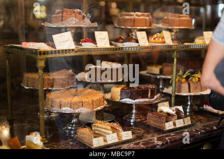 Das berühmte Café Demel am Kohlmarkt in Wien, Österreich, mit seinen Fall von Kuchen und Gebäck für den Verkauf in der Bäckerei. Stockfoto