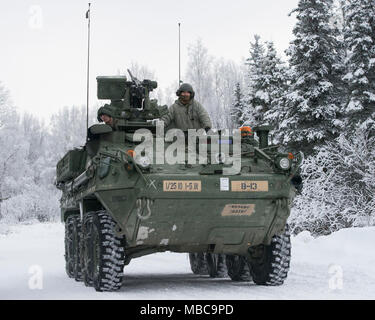 Soldaten zu Bajonett Unternehmen, 1.BATAILLON, 5 Infanterie Regiment, 1 Stryker Brigade Combat Team, 25 Infanterie Division, U.S. Army Alaska zugeordnet, für Live-fire Schießwesen Ausbildung im Betrieb Punchbowl bei Joint Base Elmendorf-Richardson, Alaska, Feb 16, 2018 vorbereiten. Betrieb der Punchbowl war ein Bataillon, kombinierte Waffen, Feuer, die auf Arktis Letalität konzentriert. (U.S. Air Force Stockfoto