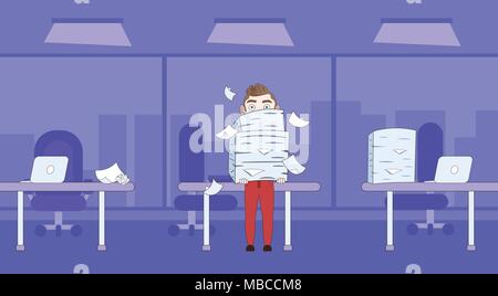 Business Mann, Stapel von Papier, Dokumente über Büro Hintergrund Stock Vektor