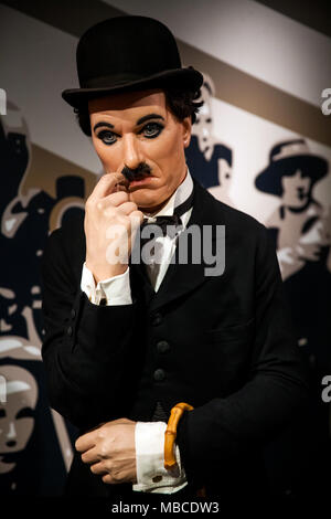 Wachsfigur von Sir Charles Spencer Charlie Chaplin, englischer Komiker in Madame Tussauds Wachsfigurenkabinett in Amsterdam, Niederlande Stockfoto
