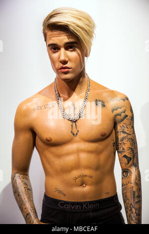 Wachsfigur von kanadischen Sänger und Songwriter Justin Bieber in Madame Tussauds Wax Museum in Amsterdam, Niederlande Stockfoto