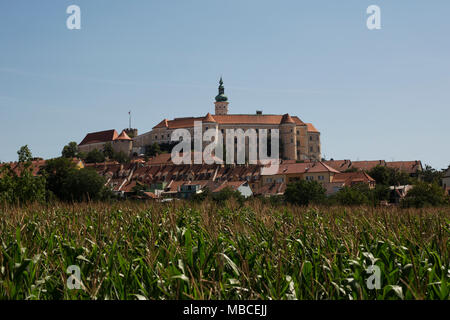 Blick auf Schloss Mikulov und Museum mit Blick auf ein Maisfeld in Südmähren, Tschechische Republik. Stockfoto