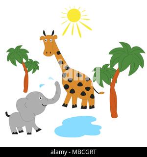 Elefant und Giraffe Sonnenbaden in der Savanne. Stock Vektor