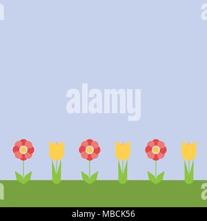 Flaches Design mit bunten Blumen auf Rasen unter blauem Himmel, mit Platz für Ihren Text-Vektor Stock Vektor