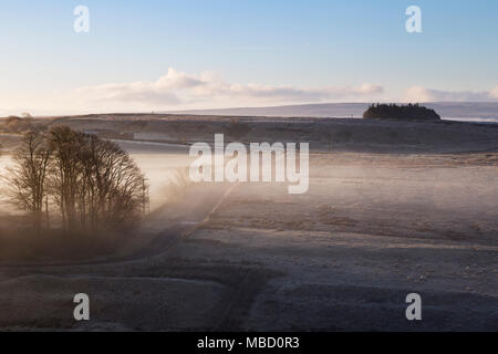 Hadrian's Wall im Winter - niedrig liegenden Nebel hüllt diese Sicht von Cawfield Felsen, Blick nach Süden aus der Nähe der Caw Lücke, in Richtung Süden Tyne Tal Stockfoto