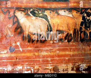 Heilige Kühe mit Jungen. Detail aus dem sechzehnten Jahrhundert Freskenzyklus (Darstellung des Ramayana) im Manttachery Palace (erbaut 1557) in Cochin, Indien. Stockfoto