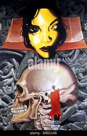 Okkulte Kunst Fantasy Reader von Gordon Wain. 1985. Der Schädel, Symbol des Todes, mit der Kerze, Symbol des Lichtes und des Lebens, steht im Gegensatz zu den menschlichen Kopf auf einem Buch, das belebt den Geist. Stockfoto