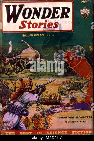 Monster. Abdeckung der Wunder, Geschichten eine amerikanische Science-Fiction-Magazin. Abbildung von Paul. 1935 Stockfoto
