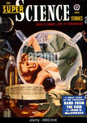 Science Fiction und Horror Zeitschriften. "Super Science Stories", Januar 1951. Kunstwerke von Lawrence. Stockfoto