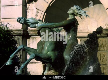 Römische Mythologie. Ein naiad oder Nymphe des Wasser auf einem hippcampus. Von der Neptun Brunnen vor der Bibliothek des Kongresses, Washington DC, Detail Stockfoto