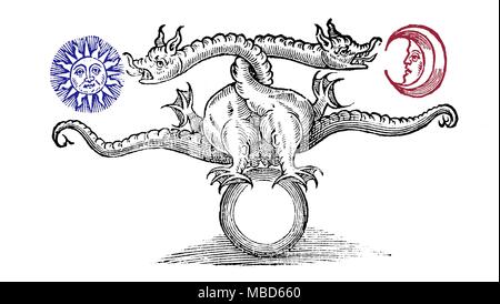 Bild des Double Dragon zwischen Sonne und Mond, die auf der Erde, nach Norton. Dieser Drache ist mit Lunar Nodes *** Local Caption *** alchemistische Symbol, das die Umwandlung von unedlen Metallen in Silber und Gold, 1652 verbunden. Stockfoto