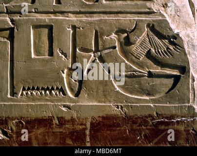 Ägyptische Mythologie - Alphabete - Ägyptische Hieroglyphen aus der Antike Tempel des Amun von Karnak (das antike Theben) Luxor in Ägypten. Unter den Symbolen ist die sbvg Stern. Stockfoto