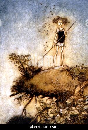 Märchen - Sommernachtstraum - Ein abseits stehen Sentinel. Abbildung von Arthur Rackham für die 1908 Edition von Ein Sommernachtstraum von Shakespeare Stockfoto