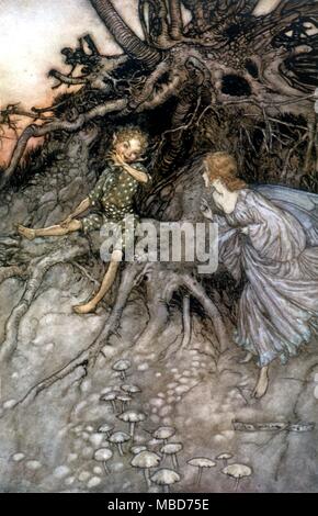 Märchen - der Sommernachtstraum - Ich bin Der fröhliche Wanderer der Nacht. Abbildung von Arthur Rackham für die 1908 Edition von Ein Sommernachtstraum von Shakespeare Stockfoto