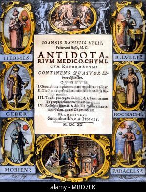 Alchemie - Titelseite der 'Antidotarium Johaann Mylius', 1620, eine Sammlung von pflanzlichen Heilmitteln. Bilder Bilder von Hermes, Lully, Ezjon-geber, Morenius und Paracelsus. Stockfoto