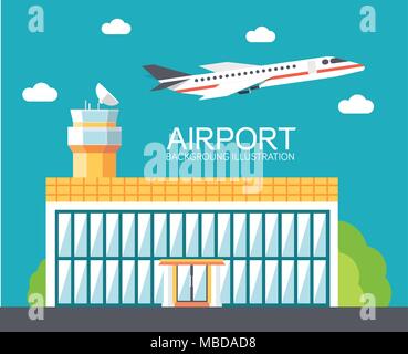 Flache Gebäude Flughafen mit fliegenden Flugzeug tour concept Hintergrund. Vector Illustration für bunte Template für Sie Design-, Web- und mobile Anwendungen Stock Vektor