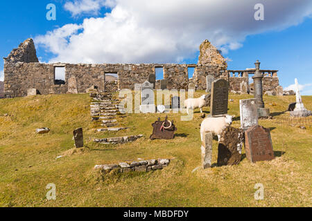 Grabsteine und Ruinen der Kirche in der Cill Chriosd Church, Kilchrist Church, in der Nähe von Broadford auf der Insel Skye, Schottland, Großbritannien im März Stockfoto