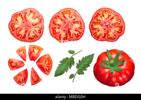 Pantano Tomaten (Solanum Lycopersicum), ganz, halbiert, in Scheiben geschnitten, gehackt. Ansicht von oben Stockfoto