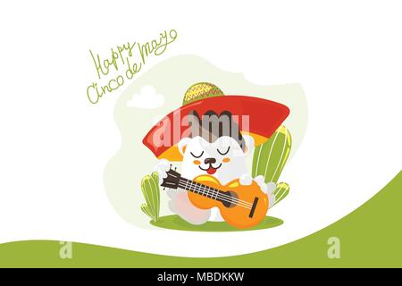 Vector Illustration für mexikanische Gemeinschaft: lustige Cartoon lateinamerikanischen Charakter spielt Gitarre und Text glücklich Cinco de Mayo. 5. Mai Fiesta Feier Materialien. Stock Vektor
