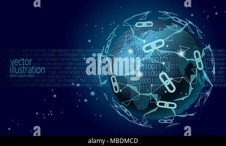 Globale internationale blockchain cryptocurrency. Planet Platz Low Poly moderne Zukunft Technologie Finanzen Banken- Design. Polygon Polygon Dreieck Kette. Web Security Business Vector Illustration Stock Vektor