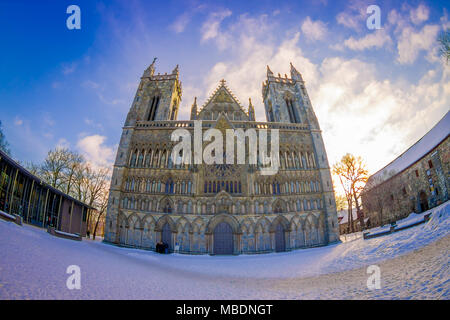 TRONDHEIM, Norwegen - 06.April 2018: Nidaros alten gotischen Kathedrale Vorderansicht aus City Central Square, Nidarosdomen Stockfoto